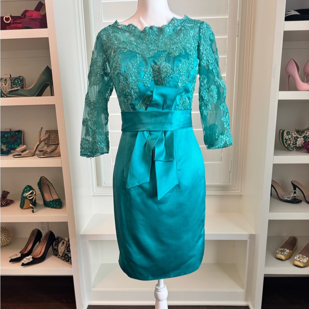 Teal Lace & Satin Cocktail Dress with Bow – Size Medium